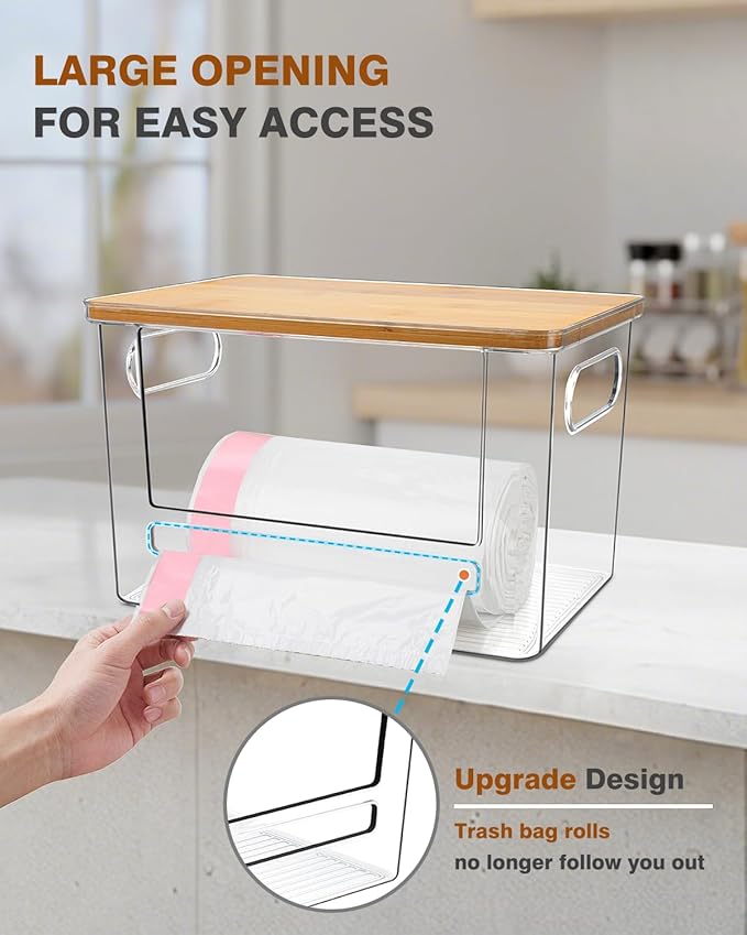 Trash Bag Holder, Acrylic Garbage Bag Dispenser with Bamboo Top, Extra Large Trash Bags Dispenser Under Sink for Kitchen, Pantry, Laundry Room, Cabinet Organizer and Storage (1 PACK)