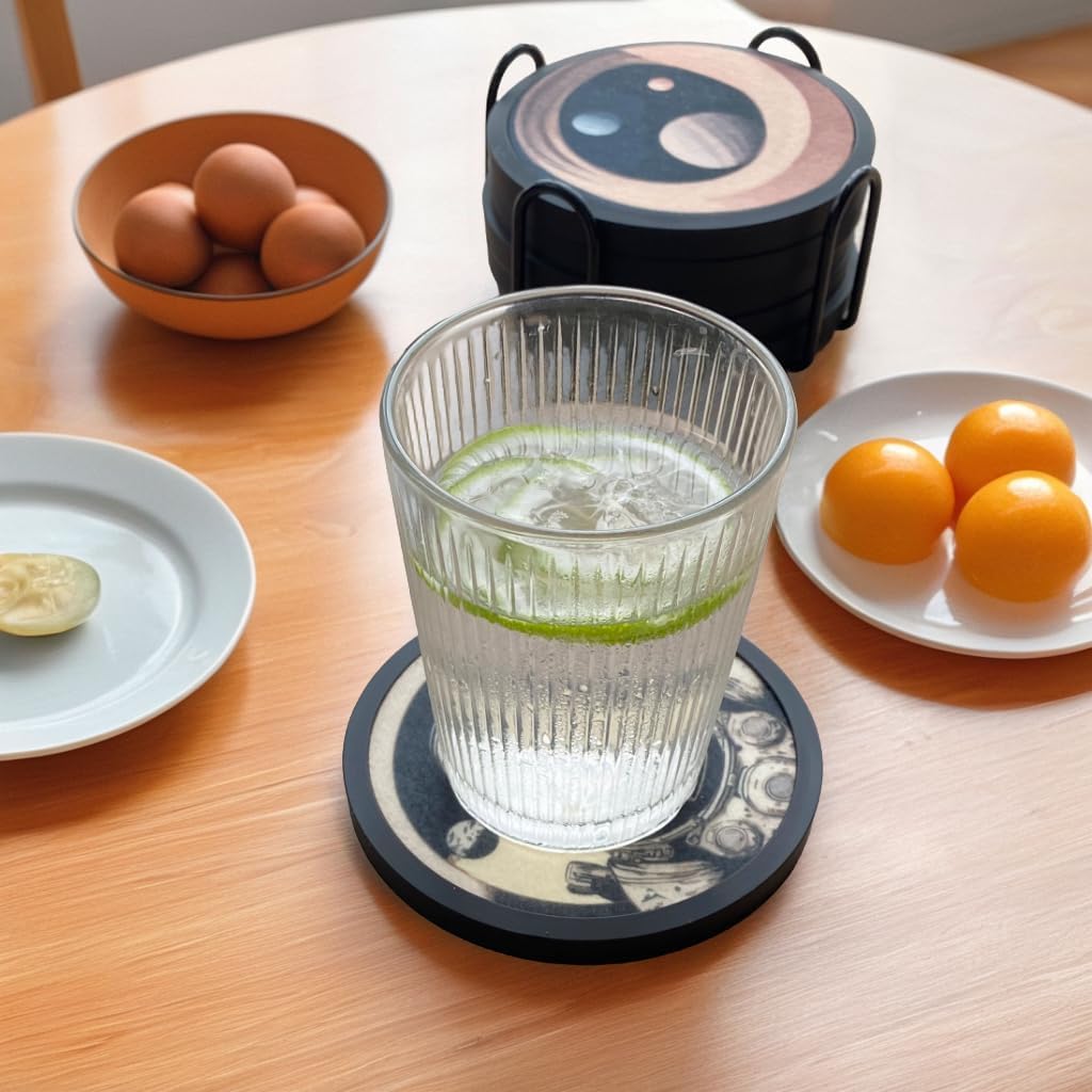 Absorbent Coasters for Drinks with Holder - 6packs, Silicone Coaster with Soft Felt Insert (4.3 inch Coasters with 4.5 inch Holder, Dual-Sided Space -Themed Patterns)