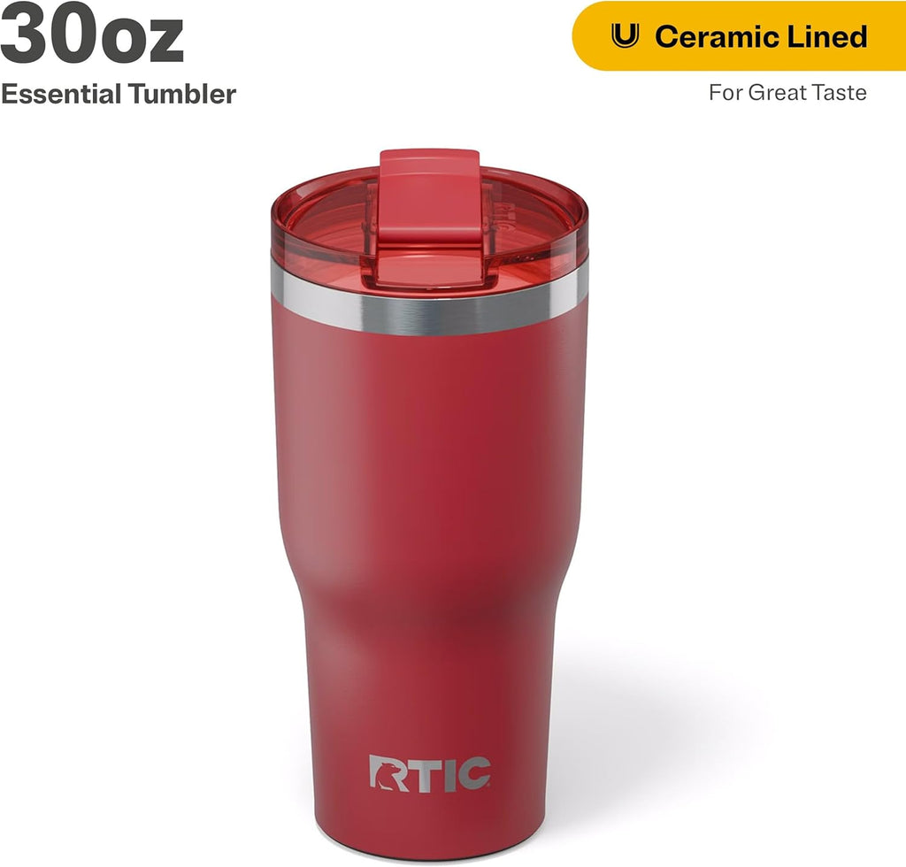 RTIC 30oz Essential Tumbler with Lid, Insulated, Stainless Steel, Metal, Double Wall Vacuum-Insulation, Ceramic Lined, Travel Cup for Iced Coffee, Tea, Hot and Cold Drink, Flag Red