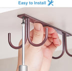 Mug Rack Under Cabinet - Coffee Cup Holder, 12 Mugs Hooks Under Shelf, Display Hanging Cups Drying Hook for Bar Kitchen Utensils Brown