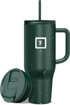 IRON °FLASK Co-Pilot Insulated Mug w/Straw & Flip Cap Lids - Cup Holder Bottle for Hot, Cold Drink - Leak-Proof- Water, Coffee Portable Travel Tumbler - Dark Pine Speckle, 40 Oz