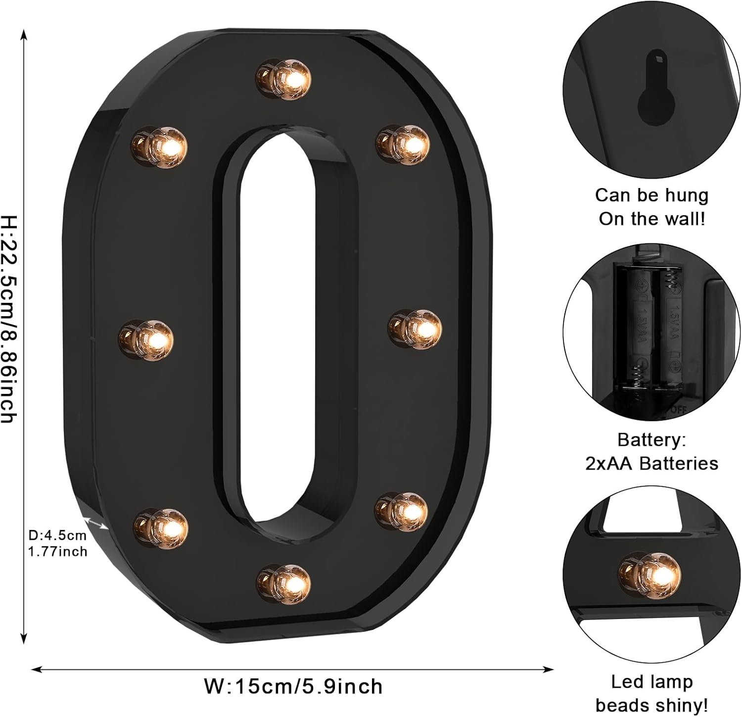 Foaky Black LED Letter Lights for Room Decor - Bedroom Wall Decor, Alphabet Lights for Home, Wedding, Party - Battery Operated （O）