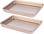 Baking Sheet Tray 9 x 11 Inch Cookie Sheet Nonstick, 2-Pack Heavy Duty Small Baking Pans, Carbon Steel, Gold - Bakeware Sets for Cookies, Roasting, Oven Safe, Easy to Clean