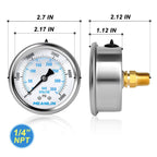 MEANLIN MEASURE 0~5000Psi Stainless Steel 1/4" NPT 2.5" FACE DIAL Liquid Filled Pressure Gauge WOG Water Oil Air Center Back Mount(Pack of 2