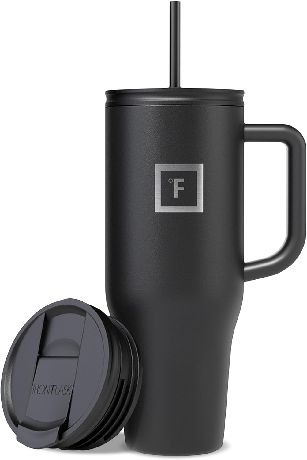 IRON °FLASK Co-Pilot Insulated Mug w/Straw & Flip Cap Lids - Cup Holder Bottle for Hot, Cold Drink - Leak-Proof - Water, Coffee Portable Travel Mug - Midnight Black, 40 Oz