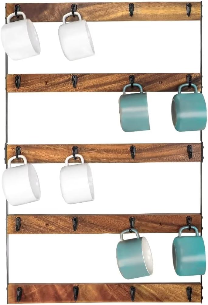 Wall Mounted Coffee Mug Holder, Large 5 Tier Shelf with 20 Hooks for Cups, Rustic Wooden Display Rack for Kitchens, Homes and Bars (Walnut)