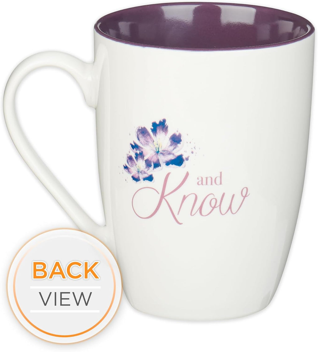 Christian Art Gifts Encouraging Scripture Ceramic Coffee & Tea Mug for Women: Be Still & Know Inspirational Psalm Bible Verse, Microwave & Dishwasher Safe, Novelty Cup, White & Purple Floral, 12 oz.