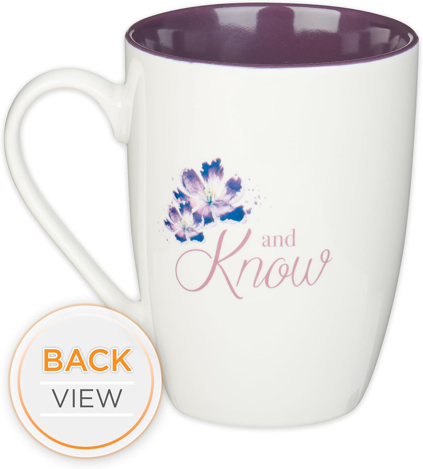 Christian Art Gifts Encouraging Scripture Ceramic Coffee & Tea Mug for Women: Be Still & Know Inspirational Psalm Bible Verse, Microwave & Dishwasher Safe, Novelty Cup, White & Purple Floral, 12 oz.