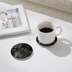 Set of 6 Abstract Black Marble Coasters with Holder, Absorbent Ceramic Coasters for Drinks, Coasters with Cork Backing for Table Protection, Housewarming Gifts for New Home