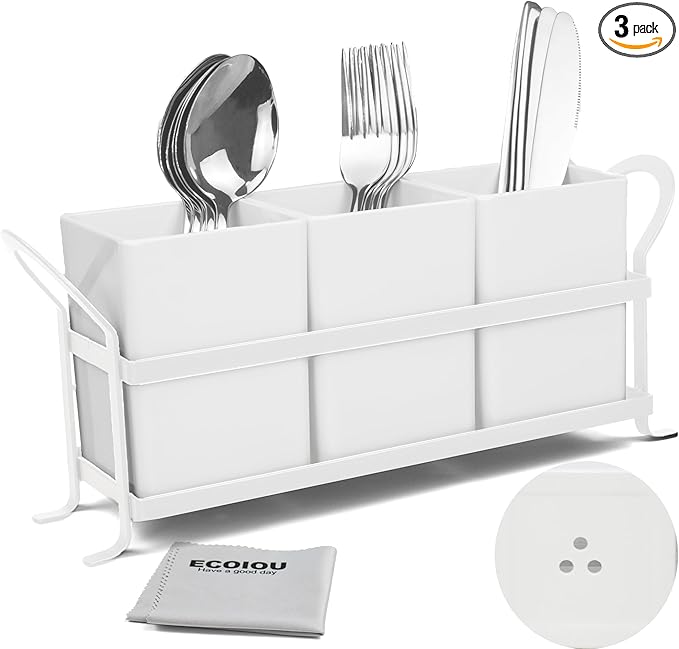 Cutlery Holder with Drain Holes, Silverware Caddy for Party, kitchen counter, 3pcs Bins Set Countertop Utensil Holder for Spoons, Forks and Knives, White