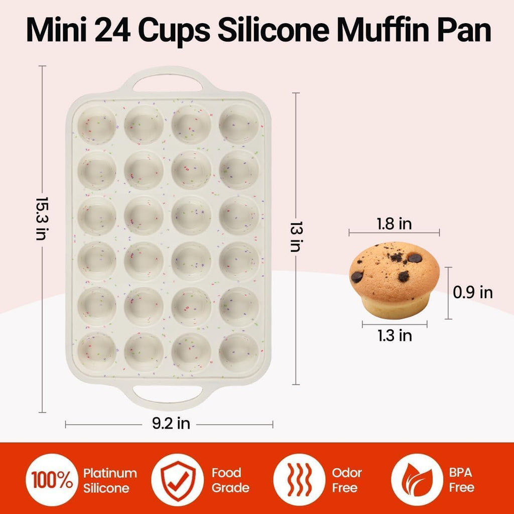 Mini Muffin Pan, Metal Reinforced Frame Mini Cupcake Pans 24 Cups Nonstick Muffin Silicone Molds with Handle for Baking Muffins, Cupcakes, Egg Bites 2 Pack