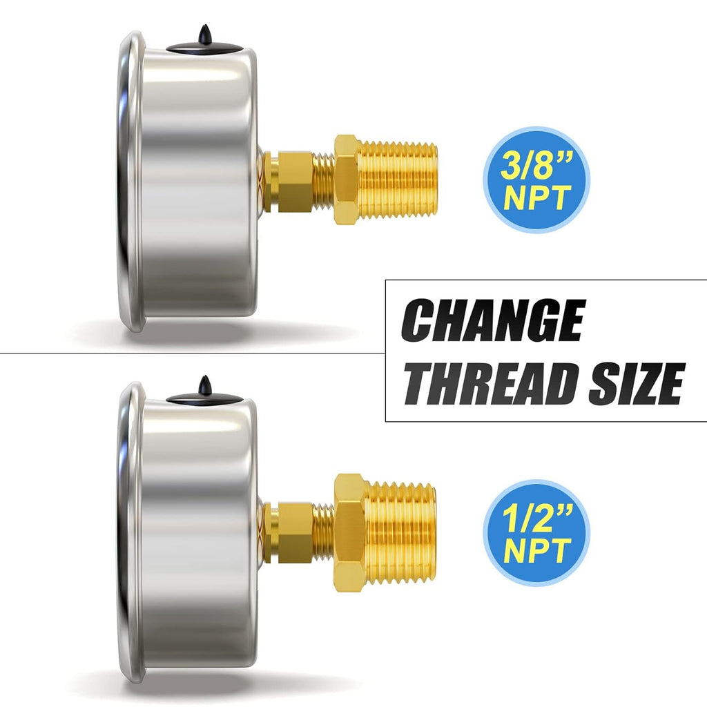 MEANLIN MEASURE 0~30Psi Stainless Steel 1/4" NPT 2.5" Single Scale FACE DIAL, Glycerin Filled Pressure Gauge, WOG Water Oil Air, Back Mount, with 1/2" NPT and 3/8" NPT Hex Bushing
