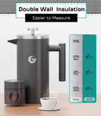 Coffee Gator French Press Coffee Maker - 34oz Double Insulated Stainless Steel Brewer plus Travel Jar Canister, Portable Hot Cold Brew Teapot Cafetera for Coffee Bar Accessories Kitchen Camping, Gray