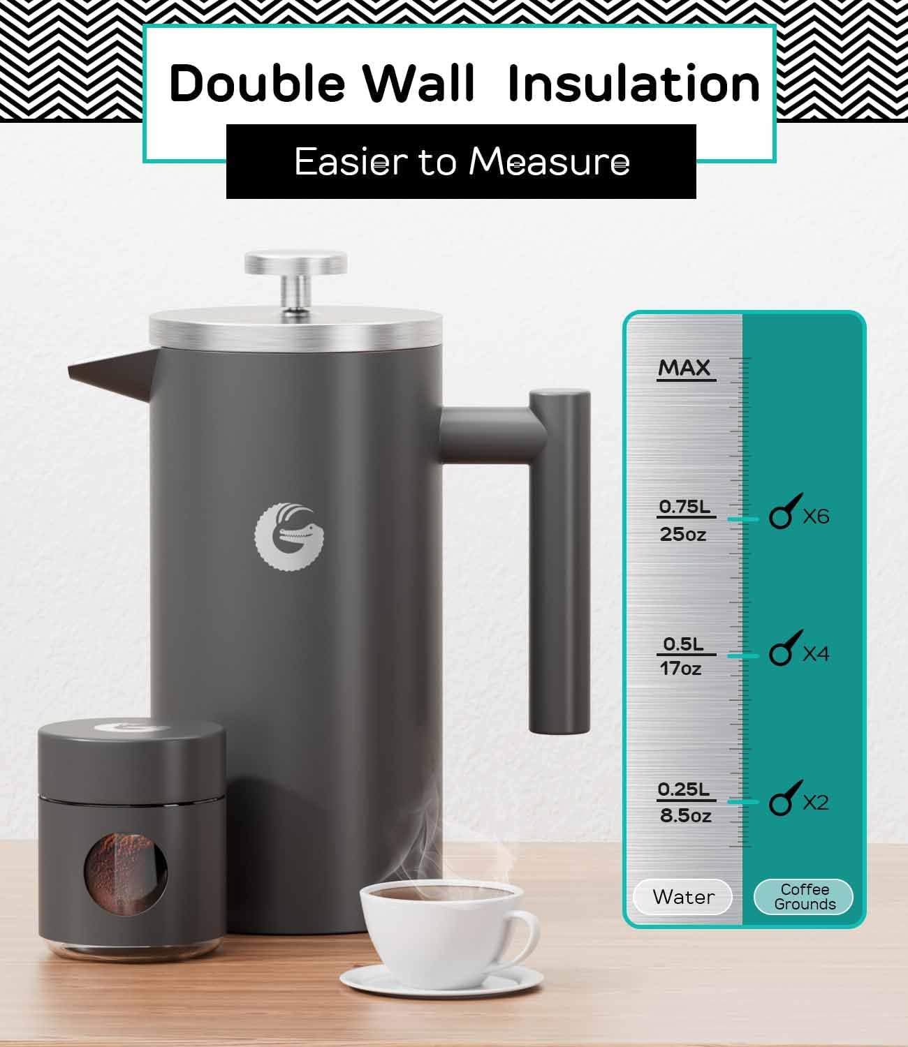 Coffee Gator French Press Coffee Maker - 34oz Double Insulated Stainless Steel Brewer plus Travel Jar Canister, Portable Hot Cold Brew Teapot Cafetera for Coffee Bar Accessories Kitchen Camping, Gray