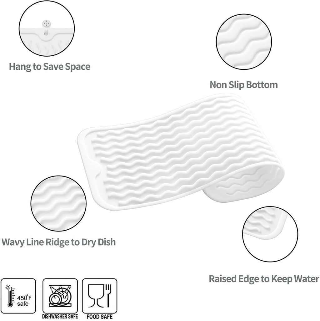 Silicone Dish Drying Mat for Multiple Usage,Easy clean,Eco-friendly,Heat-resistant Silicone Mat for Kitchen Counter,Sink,Bar,Bottle,or Cup White M 17 inches x 6 inches