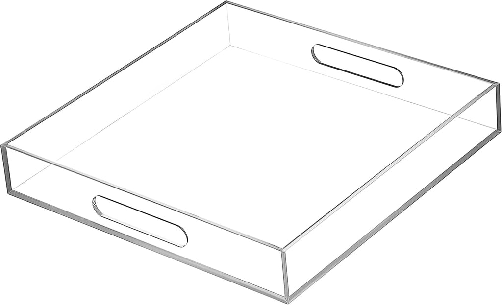 Clear Sturdy Acrylic Serving Tray with Handles-12x12 Inch-Serving Coffee,Appetizer,Breakfast,Butler-Kitchen Countertop Makeup Drawer Organizer-Vanity Table,Ottoman Tray