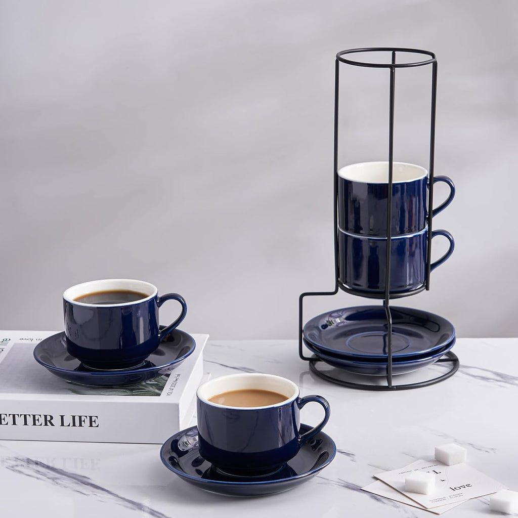 YOLIFE 8oz Porcelain Stackable Cappuccino Cups with Saucers and Metal Stand Set of 4, Coffee cups for Espresso, Specialty Coffee Drinks, Latte, Americano and Tea - Blue