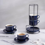 YOLIFE 8oz Porcelain Stackable Cappuccino Cups with Saucers and Metal Stand Set of 4, Coffee cups for Espresso, Specialty Coffee Drinks, Latte, Americano and Tea - Blue