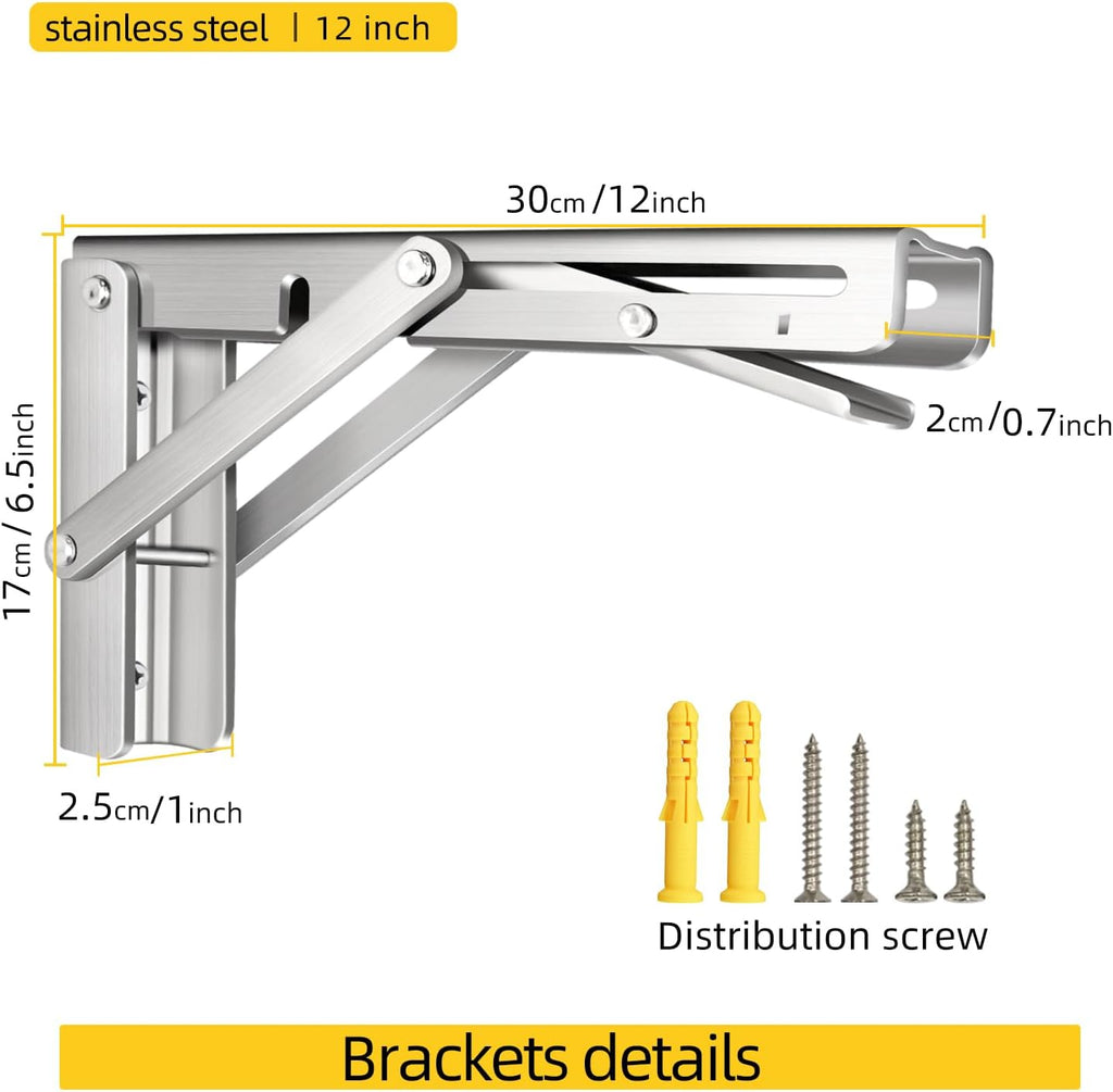 Folding Shelf Brackets Heavy Duty Stainless Steel – Wall Mounted Collapsible Table Bracket for DIY Workbench, RV Countertop, Kitchen Folding Desk 2 Pack