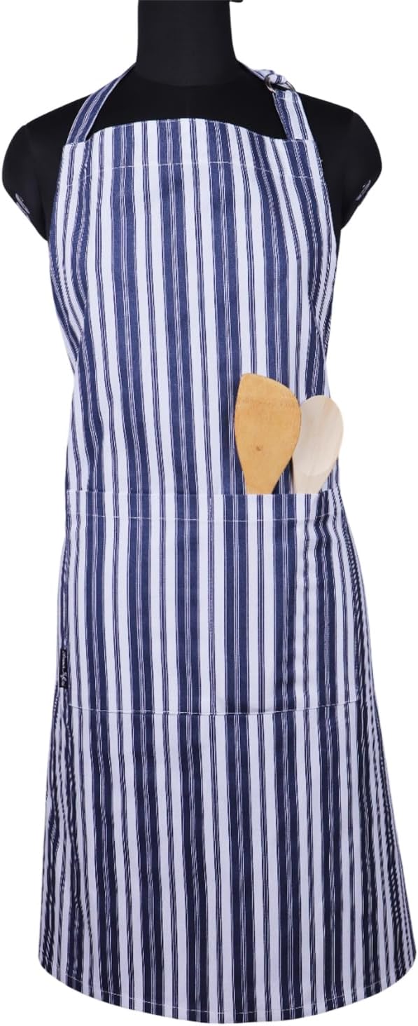 AMOUR INFINI Cotton Aprons for Women with Pockets Adjustable Strap and Waist Ties Reusable Printed Aprons for Baking, Cooking, Gardening (27.5 x 33 Inches - Blue)