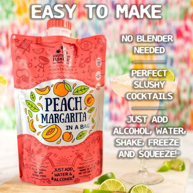 Lt. Blender's Peach Margarita in a Bag - Peach Margarita Mix - Each Bag Makes 1/2 Gallon - Non-GMO Cocktail Mix - No Blender Needed - Add Liquor, Wine or as a Mocktail (Pack of 3)
