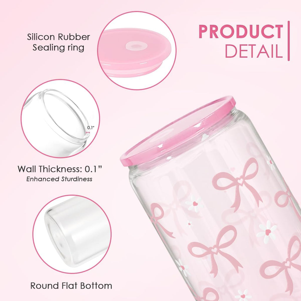 SANDJEST Bow Glass Can, Bows Cup with Lid & Straw, Iced Coffee Aesthetic Cups, Idea Gift for Christmas Birthday Mother Day, Gifts for Women, 16oz