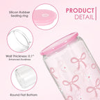 SANDJEST Bow Glass Can, Bows Cup with Lid & Straw, Iced Coffee Aesthetic Cups, Idea Gift for Christmas Birthday Mother Day, Gifts for Women, 16oz