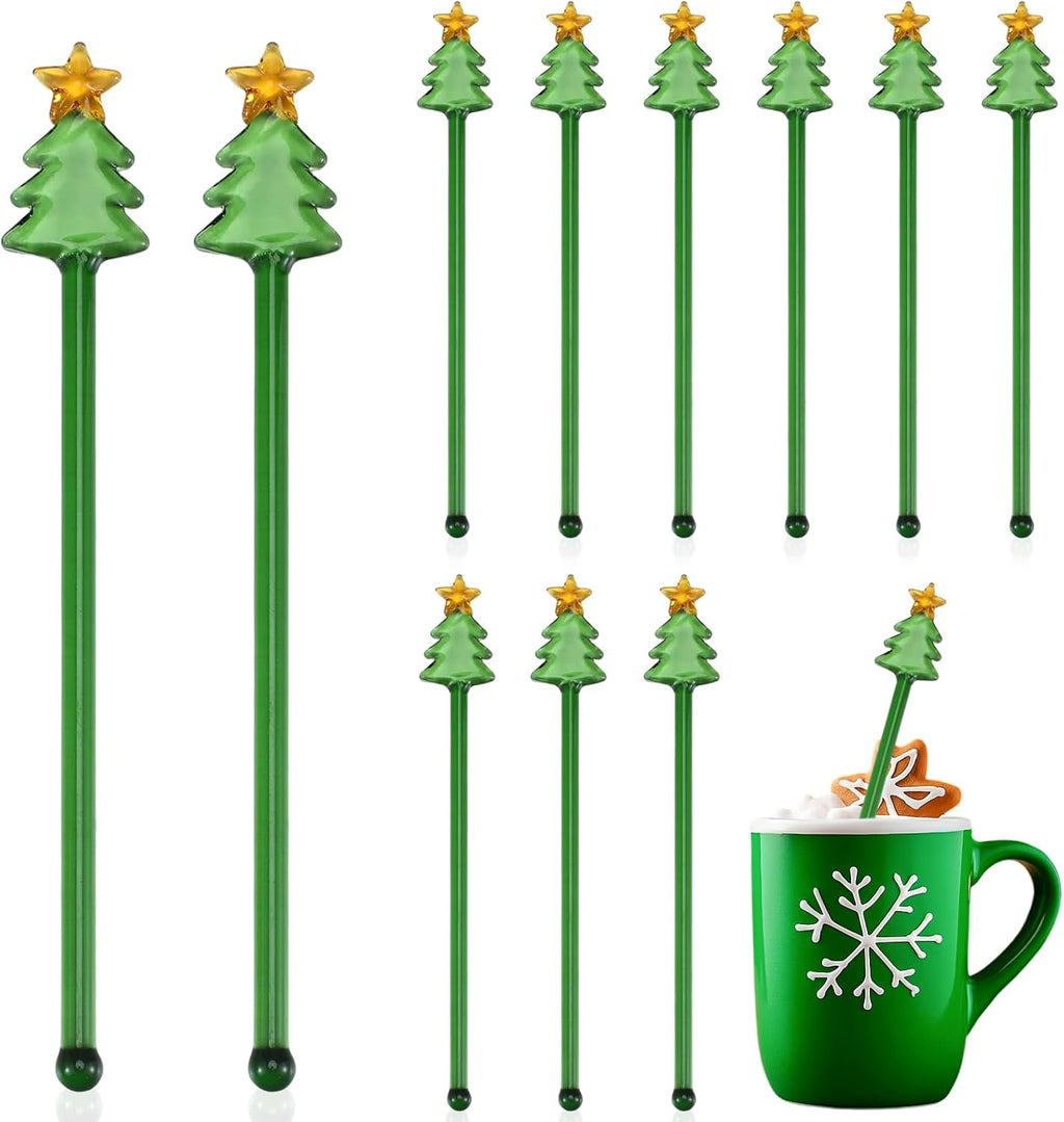 12 Pcs Christmas Glass Drink Stirrers 7 Inch Xmas Stir Sticks Reusable 3D Coffee and Cocktail Stirrers Hot Cocoa Bar Supplies for Holiday Party Favors (Christmas Tree)