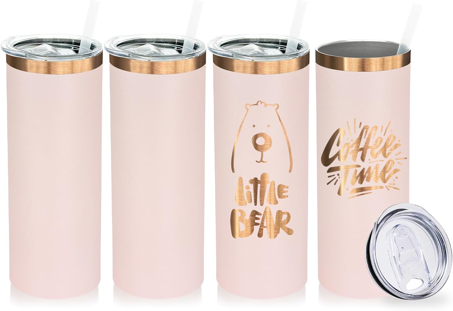 20 oz Skinny Tumblers Bulk 4 Pack, Stainless Steel Insulated Tumbler with Lids and Straws, Slim Double Wall Powder Coated Travel Coffee Mugs Reusable Cup for Hot Cold Drinks (Pink,4 pack)
