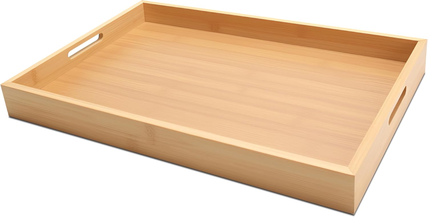 Serving Tray Decor, 15"x10"x1.5" Medium Bamboo Serving Tray for Bed, Home Decor, Food Tray for Coffee Table, Dining, Bar, Ottoman, Breakfast