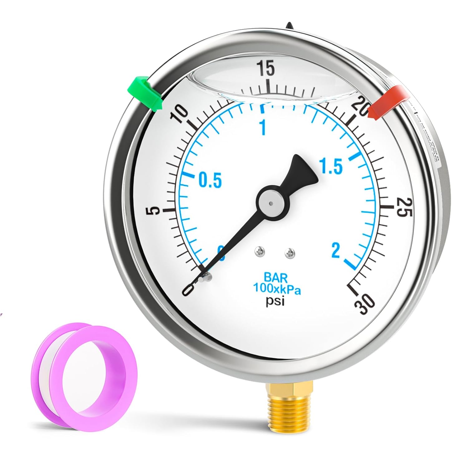 0-30PSI Stainless Steel Liquid Filled Pressure Gauge, 4" Dial Size, 1/4" NPT Lower Mount, for Tube, Water Pump, Gas, Liquid, Pressure Test (with Range Mark Pointer)