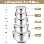 TeamFar Khaki Mixing Bowls, Stainless Steel Metal Nesting Salad Bowls with Airtight Lids Set of 5, Healthy & Heavy Duty, Non-slip Bottom & Airtight Lid, 7/3.5/2.5/1.5/1 QT