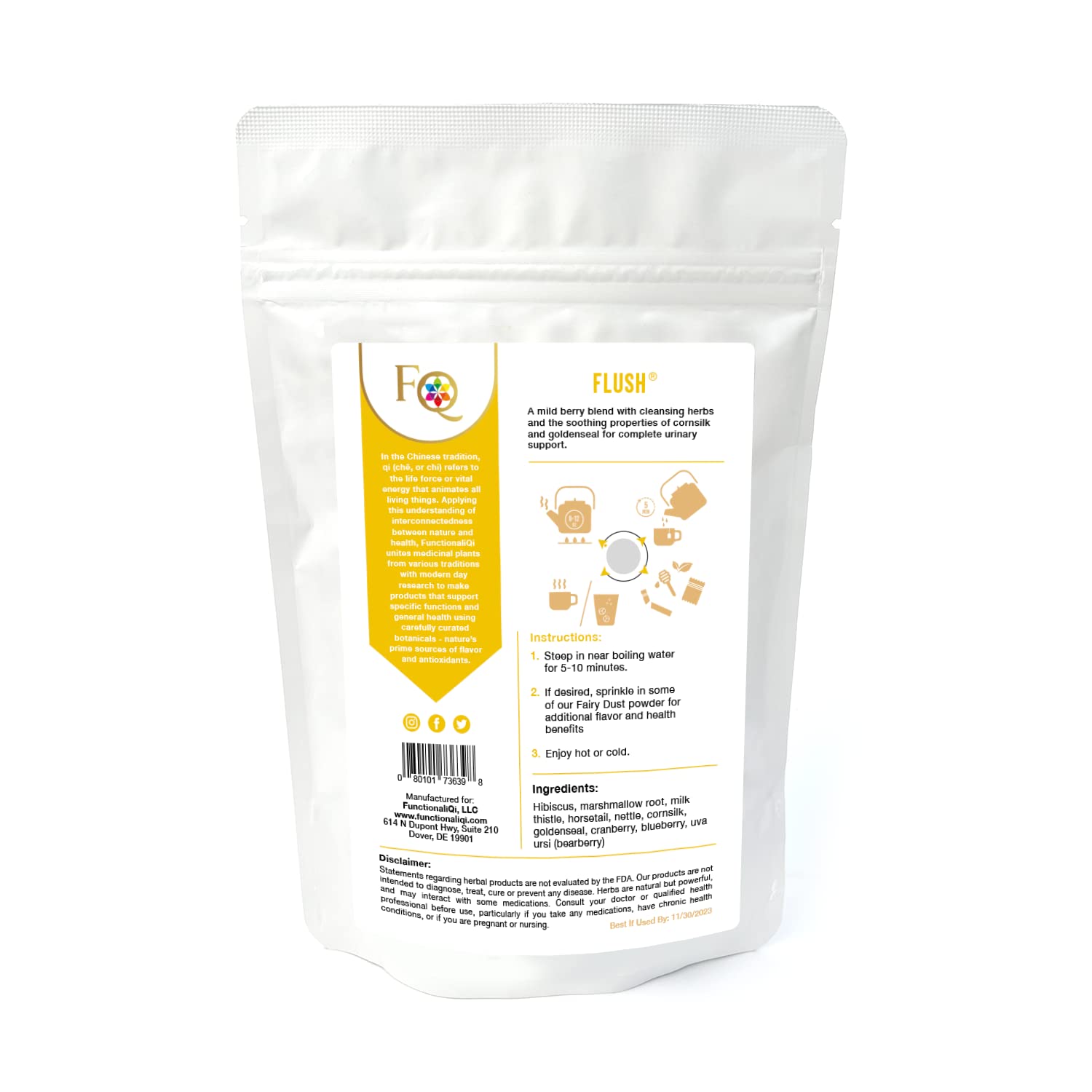 FunctionaliQi Flush Herbal Tea for Urinary Health - Marshmallow Root Milk Thistle Cornsilk and Goldenseal, Hibiscus Blend with Nettles, Cleansing Herbs and Cranberries (14 tea bags)