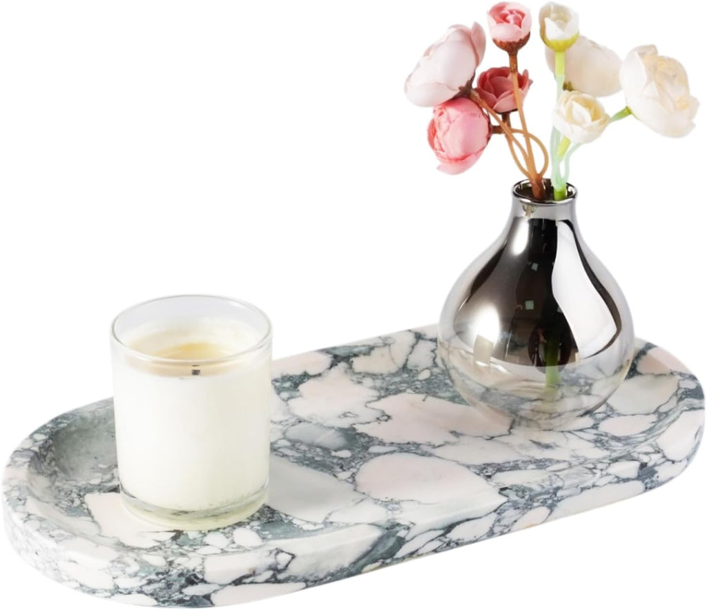 Koville Natural Marble Tray for Bathroom Countertop, Marble Vanity Trays for Perfume, Cosmetics, Jewelry, Decorative Tray for Dresser Organizer, Stone Storage Trays for Bathroom Decor(Grey)