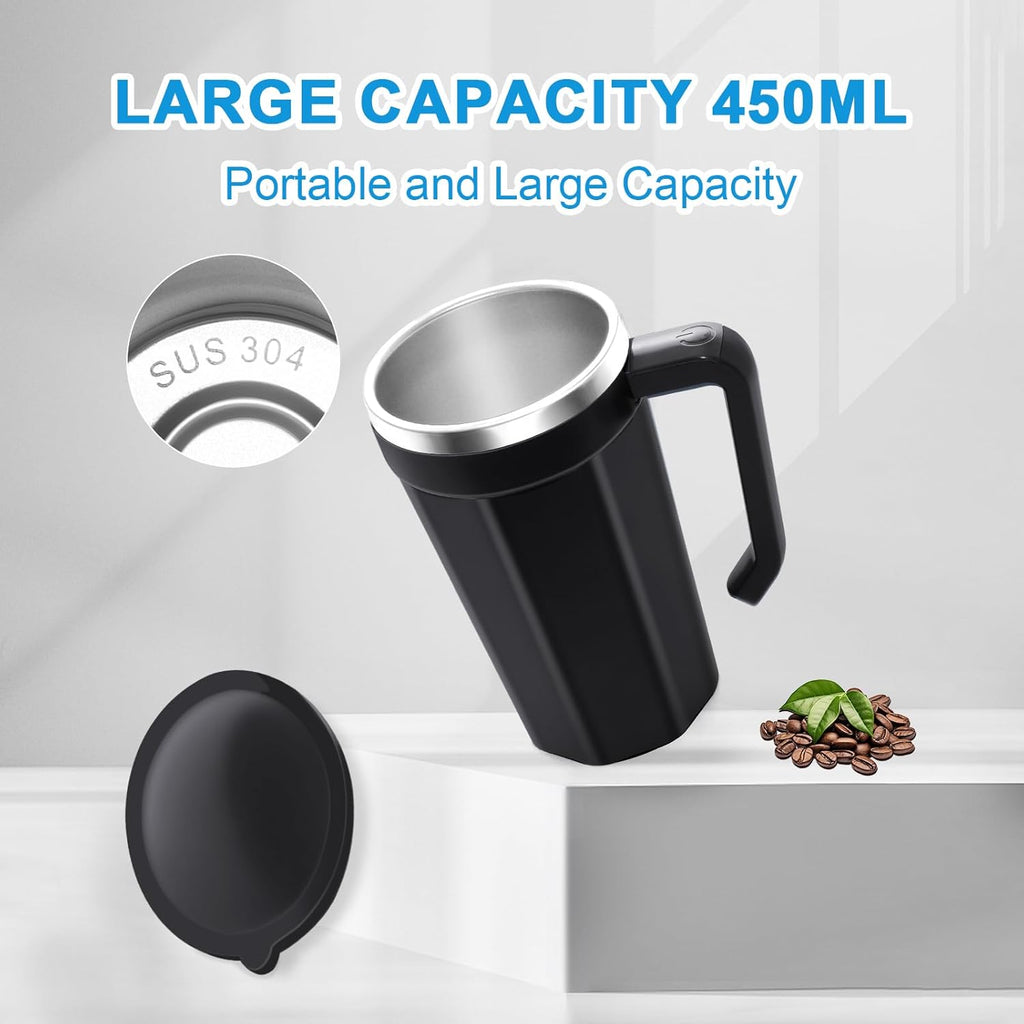 Self Stirring Coffee Mug with Temperature Display, 15oz Automatic Magnetic Mixing Cup, Rechargeable Travel Mug for Coffee, Milk, Cocoa - (Black)