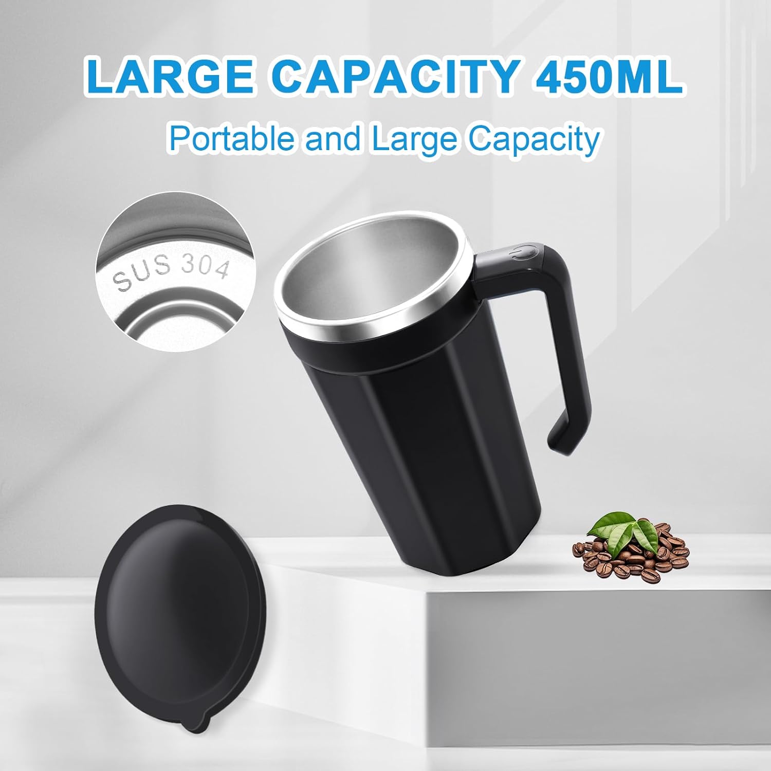 Self Stirring Coffee Mug with Temperature Display, 15oz Automatic Magnetic Mixing Cup, Rechargeable Travel Mug for Coffee, Milk, Cocoa - (Black)