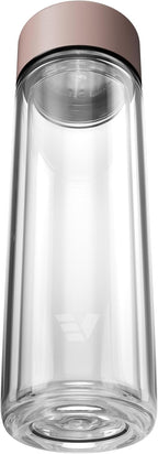 Glass Multi Tea Infuser Bottle 14oz - Double Wall Borosilicate Glass Flask | No Plastic Touches Contents | Perfect for Office or Home - Rose Pink