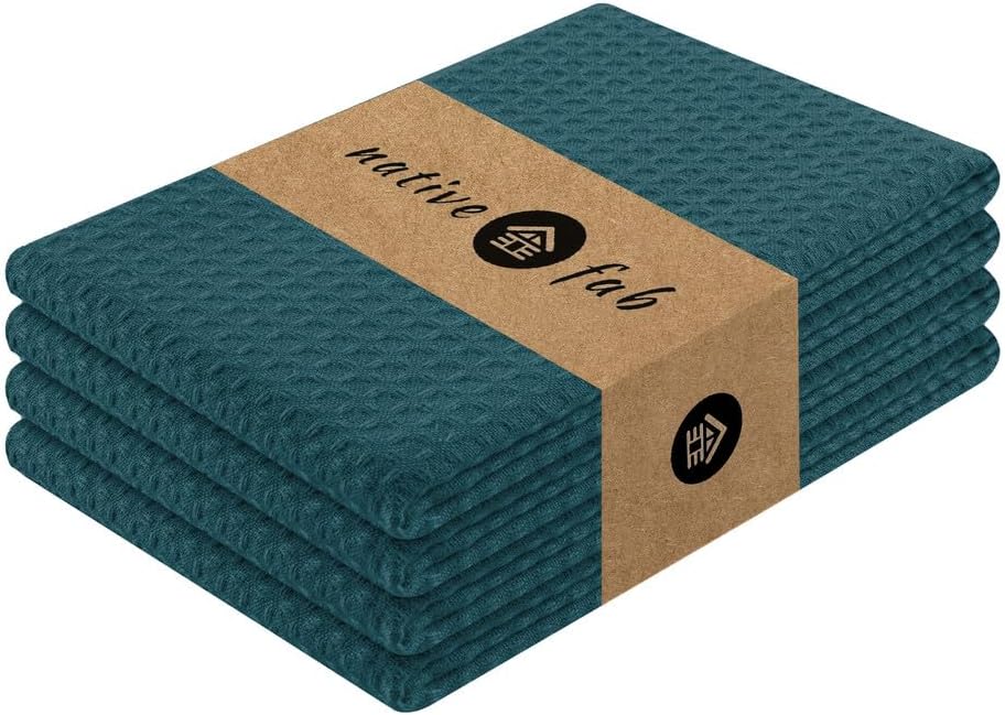 Native Fab Waffle Weave Kitchen Towels, 4 Pack, 16x26 inches, 100% Cotton, Soft & Absorbent Towel with Hanging Loop, Ideal for Cleaning & Drying, Dish Cloths, Bar Towels, Teal Green