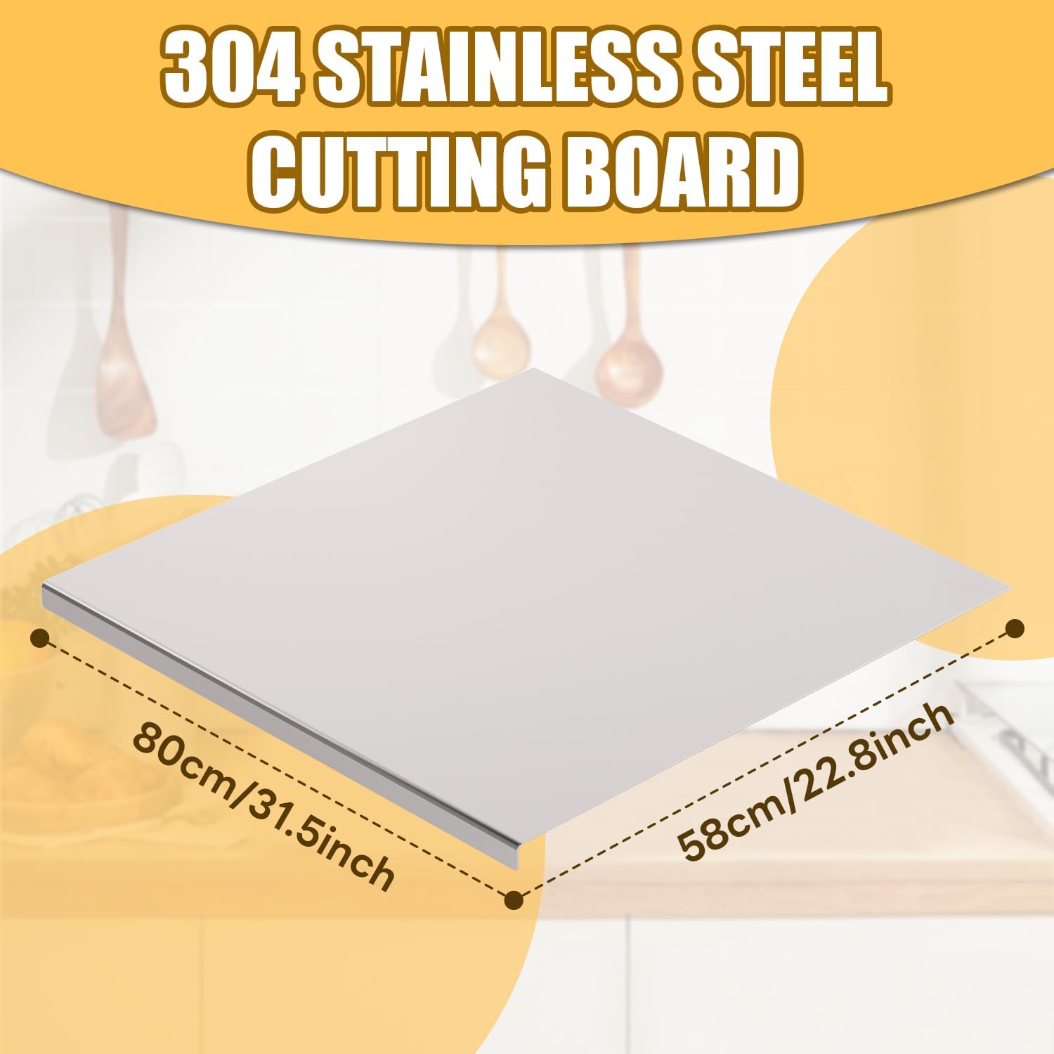 Stainless Steel Chopping Board Extra Large Cutting Board with Lip Stove Top Pastry Board Kneading Board Baking Board with Rolling Pin for Meat Vegetables Fruits Cheese Bread,31.5x 22.8 Inch