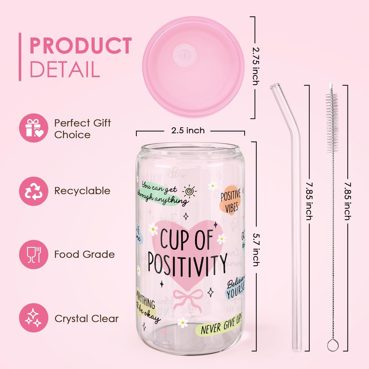 SANDJEST Inspiration Gifts - Glass Tumbler 16oz with Acrylic Lid and Straw - Iced Coffee Cups for Women, Aesthetic Glass Cup Gift for Birthday Christmas