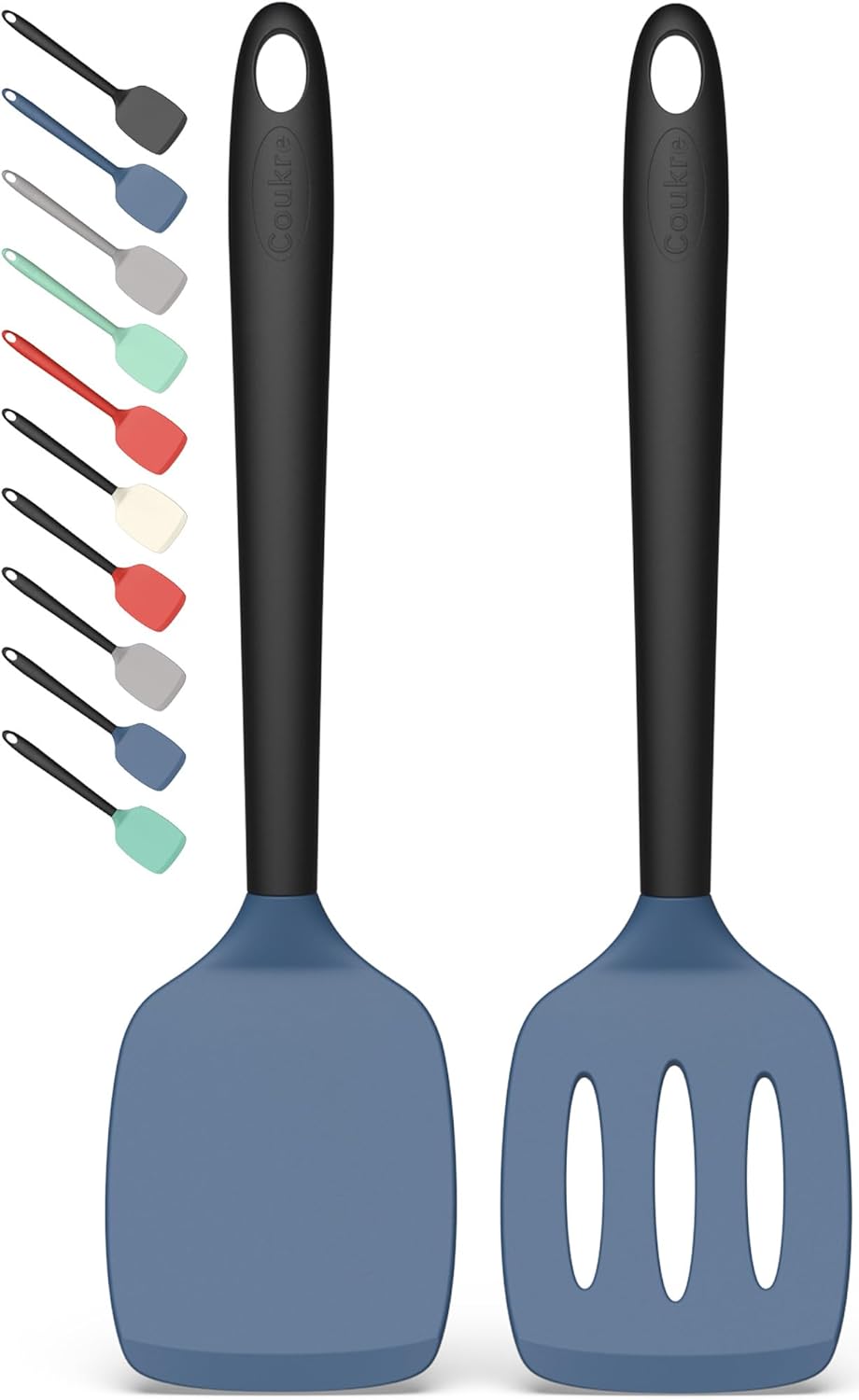 Coukre 2 Pack Silicone Spatula Set, High Heat Resistant, BPA Free Kitchen Spatula, Solid & Slotted Turner for Non-Stick Pans, Sautéing, and Flipping (2, DarkBlue)