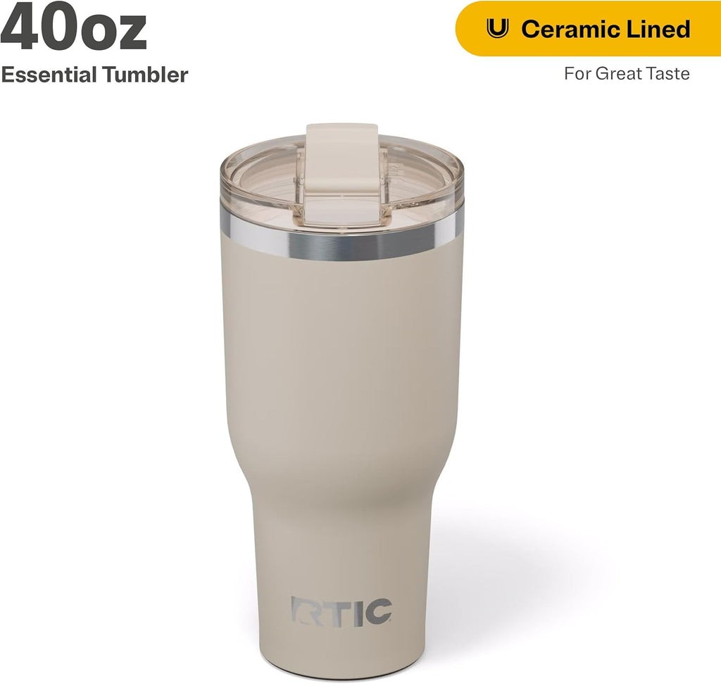 RTIC 40oz Essential Tumbler with Lid, Insulated, Stainless Steel, Metal, Double Wall Vacuum-Insulation, Ceramic Lined, Travel Cup for Iced Coffee, Tea, Hot and Cold Drink, Beach