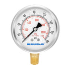 MEASUREMAN 2-1/2inch Dial Size, Oil Filled Pressure Gauge, 0-160psi/kpa, 304 Stainless Steel Case, 1/4inchNPT Lower Mount