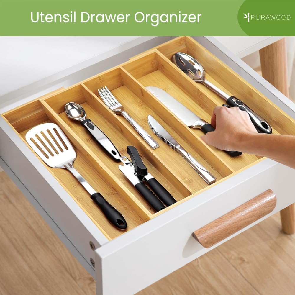 Bamboo Drawer Organizer, 2 Pack - Expandable Silverware Organizer & Utensil Drawer Organizer, Cutlery Tray with Dividers, 7-9 Slots - Premium Kitchen Organizer for Utensils & Flatware (Natural)