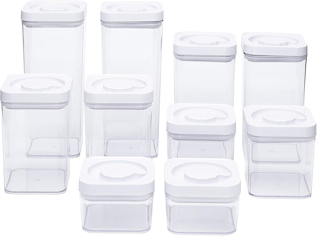 Amazon Basics Airtight Food Storage Containers, BPA Free, with Twist/Turn Lids, for Kitchen Pantry Organization, 10-Piece Square Set, Clear Plastic
