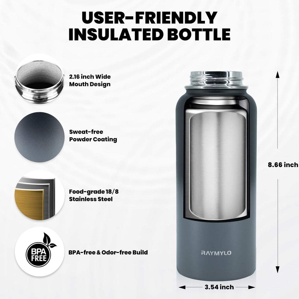 Insulated Water Bottle 32 oz, Triple Wall Vacuum Stainless Steel (Cold for 48 Hrs), Leak Proof & Non-BPA, Modern Water Flask Jug with Paracord Handle & Straw Spout Lids, Dark Grey