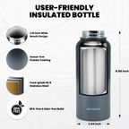 Insulated Water Bottle 32 oz, Triple Wall Vacuum Stainless Steel (Cold for 48 Hrs), Leak Proof & Non-BPA, Modern Water Flask Jug with Paracord Handle & Straw Spout Lids, Dark Grey