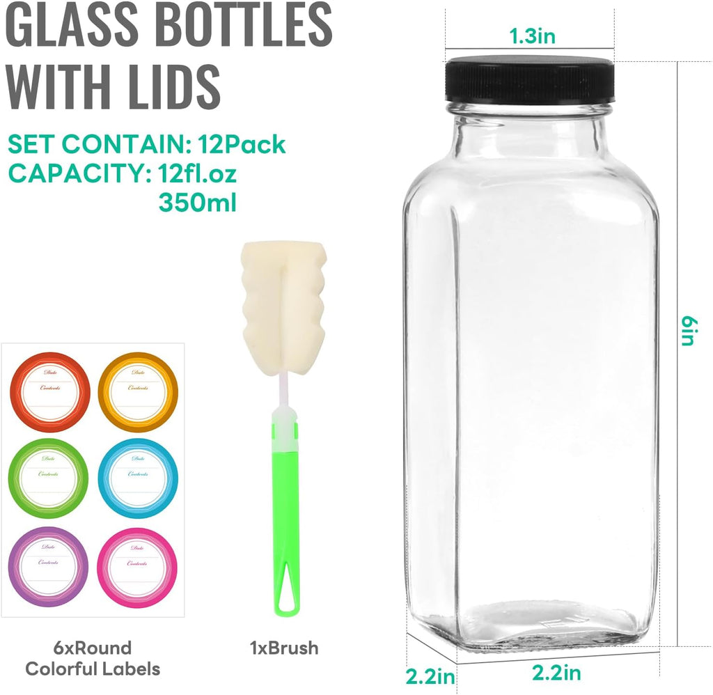 12 oz Glass Juice Bottles with Lids 12 Pack,Reusable Glass Drink Bottles,350ml Water Drinking Jars for Milk,Juicing,Kombucha,Ginger,Beverage Glassware,Juice Drinking Jars