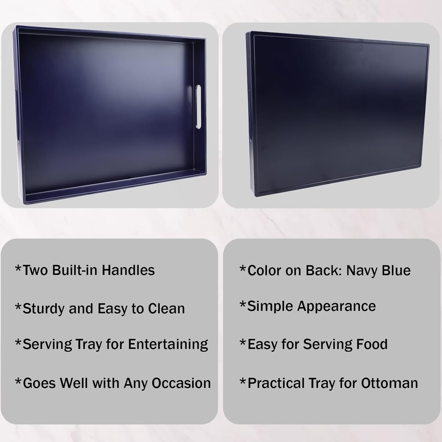 Navy Blue Serving Tray for Coffee Table, Rectangular Plastic Decorative Tray with Handles for Entertaining, Outdoor Patio, Living Room, Ottoman, Bathroom Counter, 11.8”*15.7”*1.6”