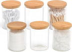 6 Pack Glass Qtip Holder Dispenser Set - Apothecary Jars with Lids for Vanity Makeup Organizer - Bathroom Canister Storage Organizer for Cotton Ball, Cotton Swab, Cotton Round Pads,Floss